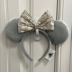 DISNEY Silver Mouse Ears Headband with Gold Sequin Bow